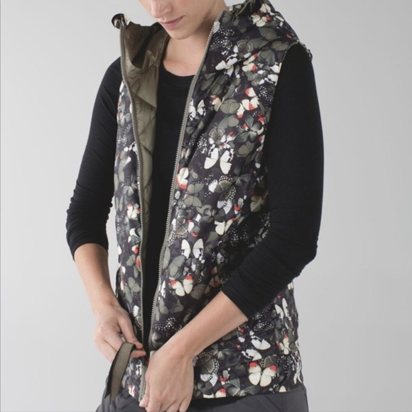 lululemon athletica Jackets & Blazers - Lululemon | The Fluffiest Reversible Down Vest Olive Green Butterflies Size 2